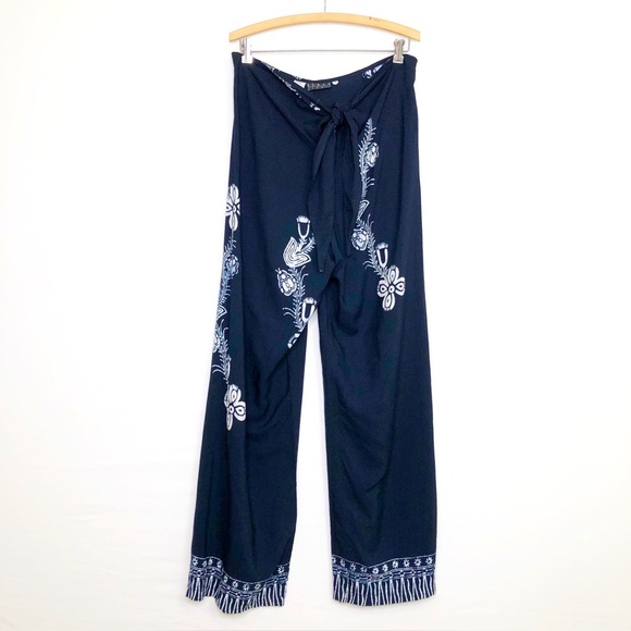Kenar Studio Navy blue BoHo floral, print tie, front wide, leg pants - Picture 1 of 12